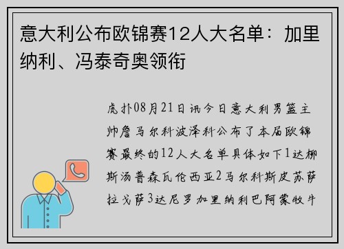 意大利公布欧锦赛12人大名单：加里纳利、冯泰奇奥领衔