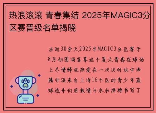 热浪滚滚 青春集结 2025年MAGIC3分区赛晋级名单揭晓